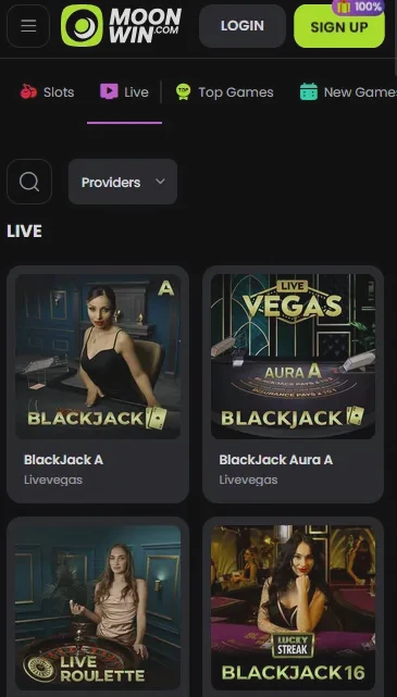 Moonwin Casino mobile browser screenshot showing the responsive game lobby