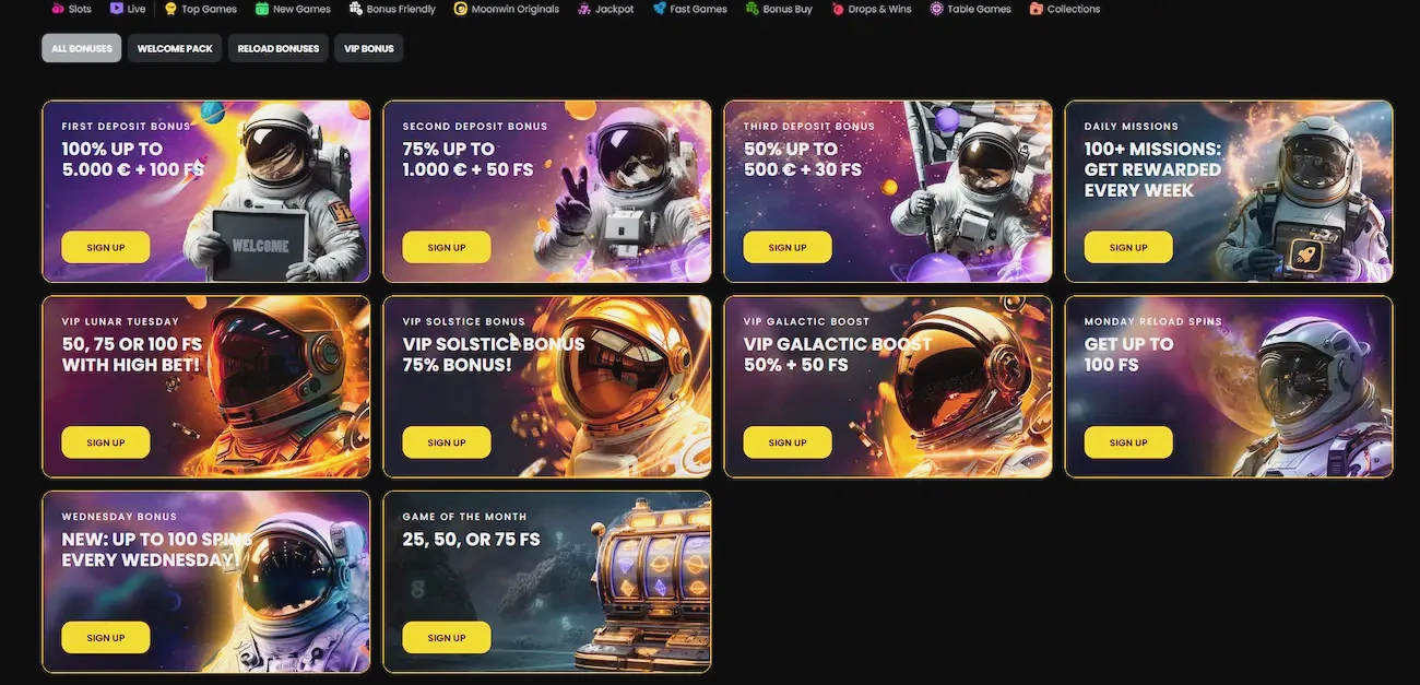 Promo code and welcome package at Moonwin Casino