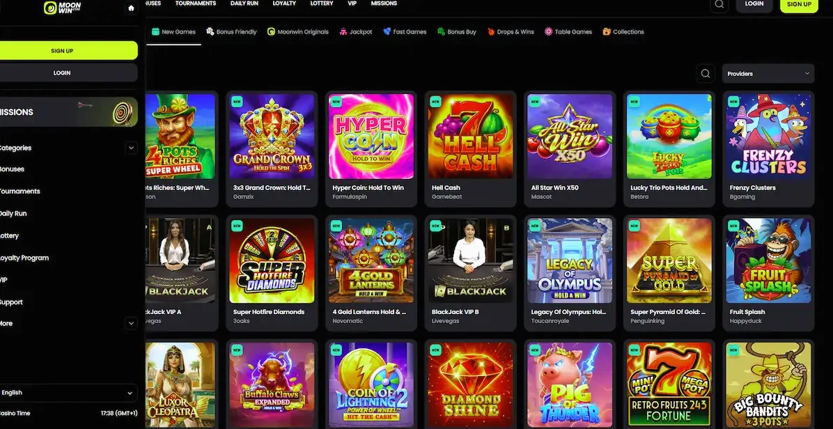 Moonwin Casino lobby screenshot showing pokies and new game releases