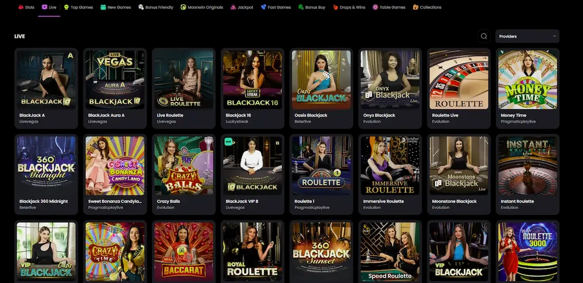 Moonwin Casino live dealer lobby screenshot with HD streamed table games