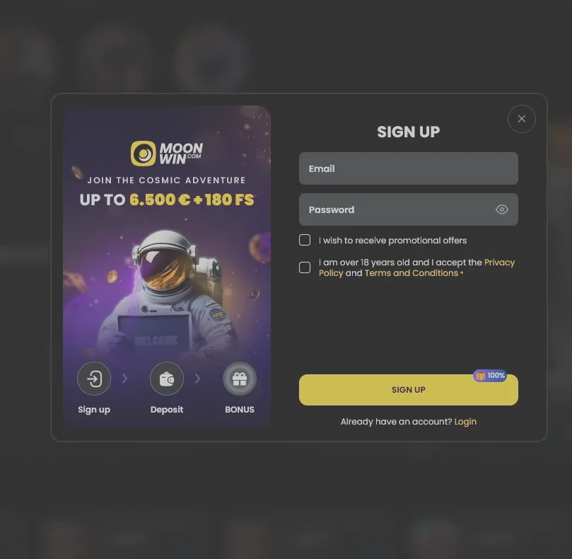 Moonwin Casino registration form for creating a new AUD account