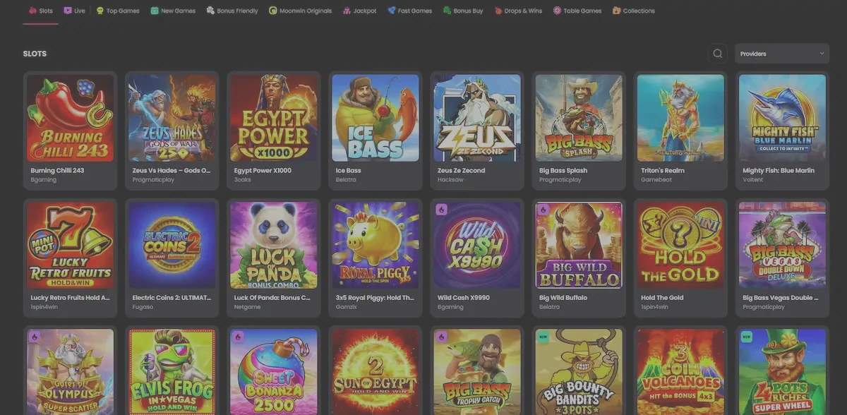 Moonwin Casino pokies lobby screenshot with popular slot titles
